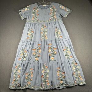 Orange Creek Dress Womens Small Blue Embroidered Floral Boho Tiered Midi